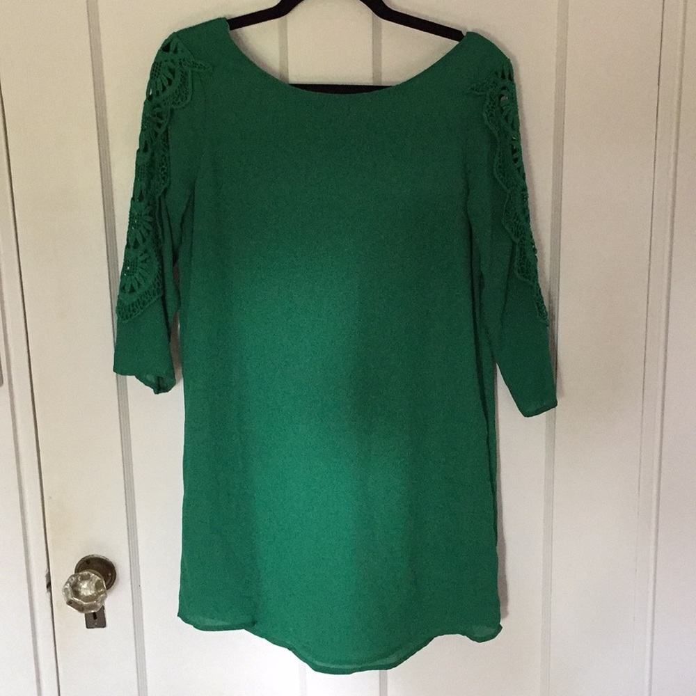 Kelly green shift dress with lace shoulder detail